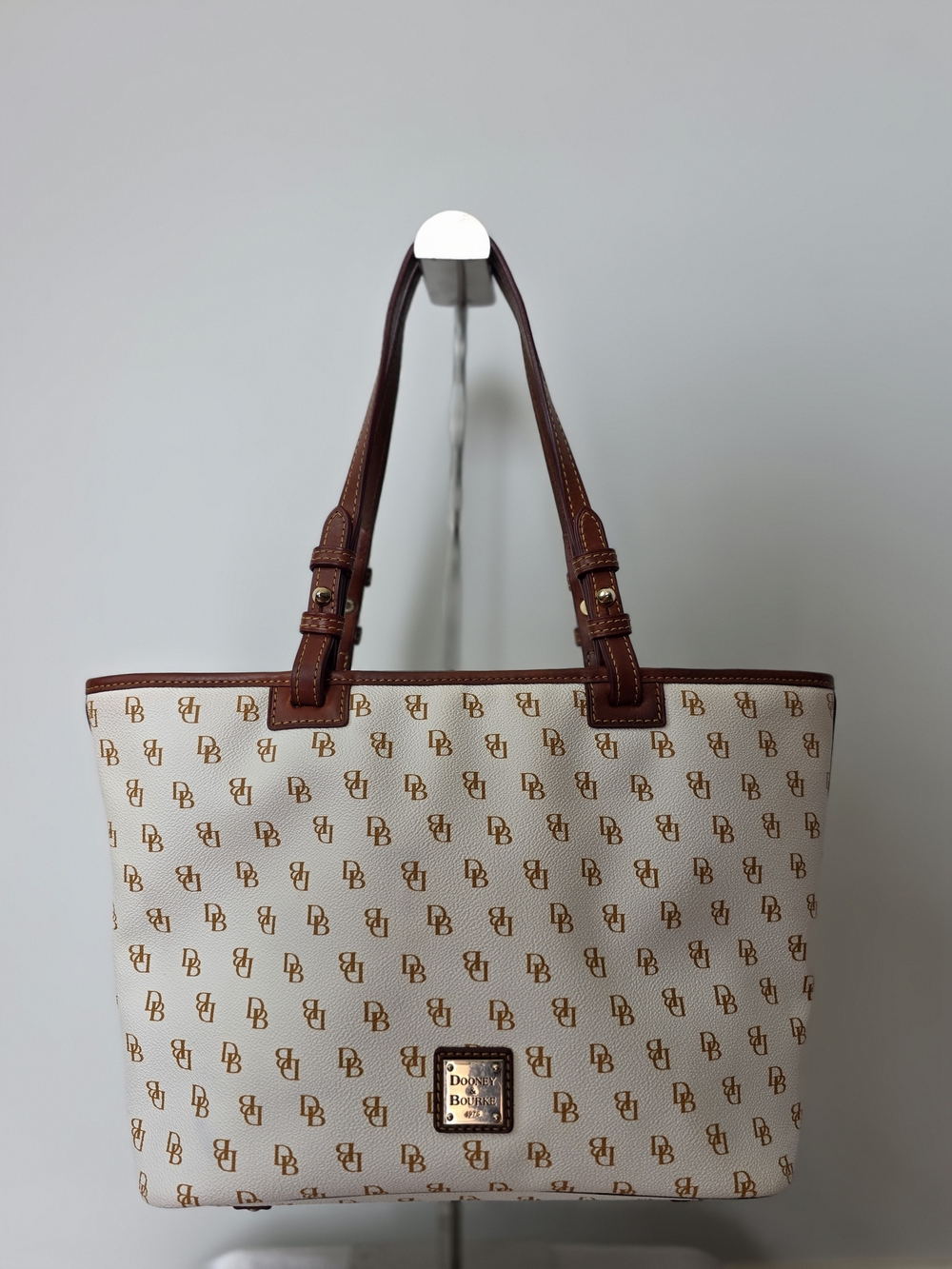 VTG Dooney & Bourke Gretta Flynn White Leather DB Printed Double Handle Tote Bag